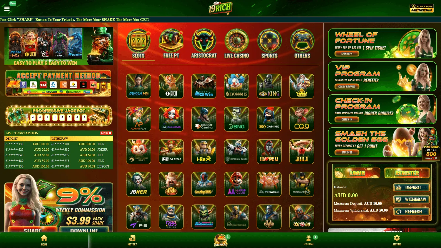 19rich Casino home experience on desktop with casino and player features