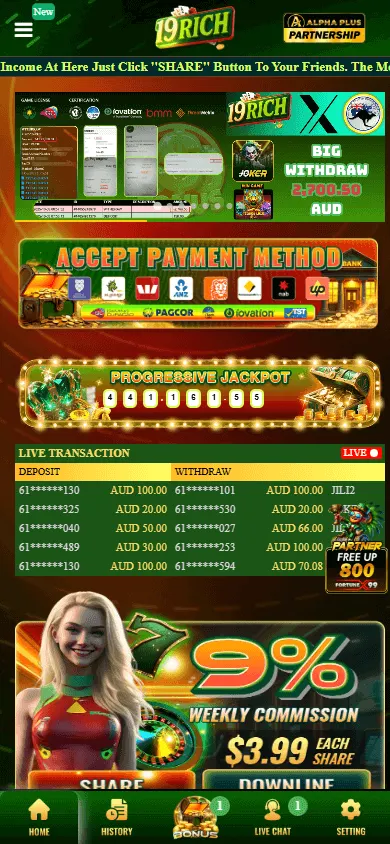 19rich Casino mobile experience with casino options and Real Time RTP feature