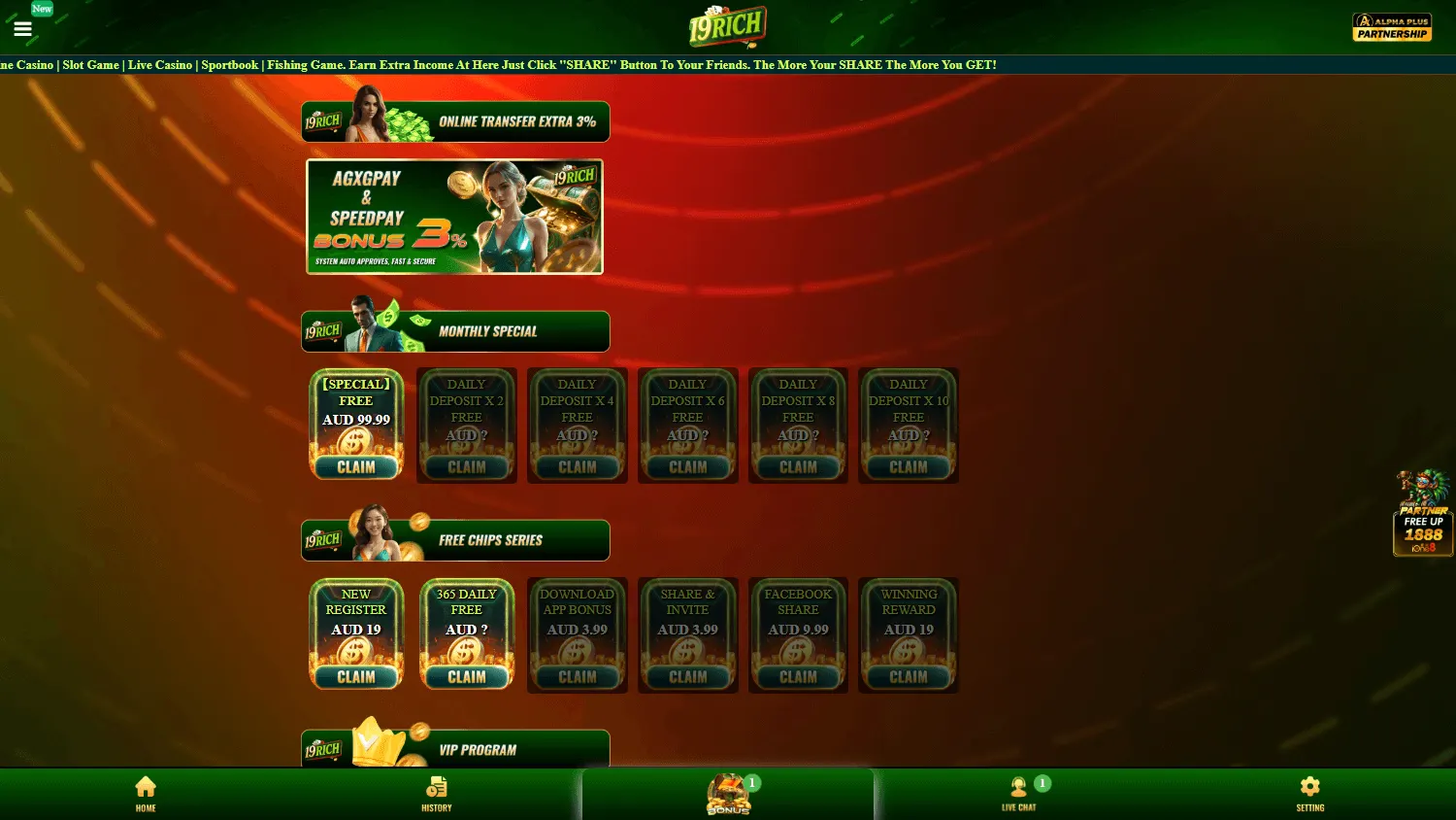 19rich Casino promotional offers and member programmes on desktop